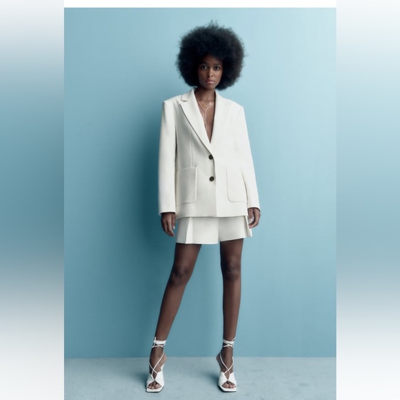 NWT ZARA BLAZER WITH PATCH POCKETS OYSTER WHITE SIZE S NWT - Picture 2 of 9